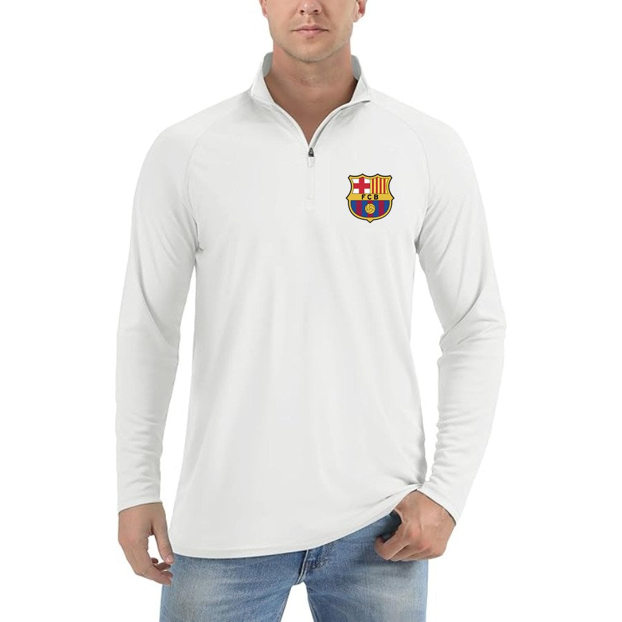Men's F.C. Barcelona Soccer Lightweight Quarter-Zip Athletic Shirt Long Sleeve Performance Wear - White