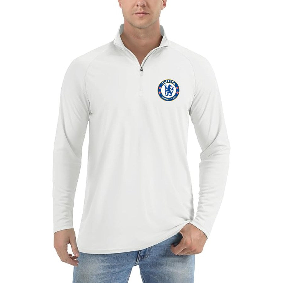 Men's Chelsea Soccer Lightweight Quarter-Zip Athletic Shirt Long Sleeve Performance Wear - White