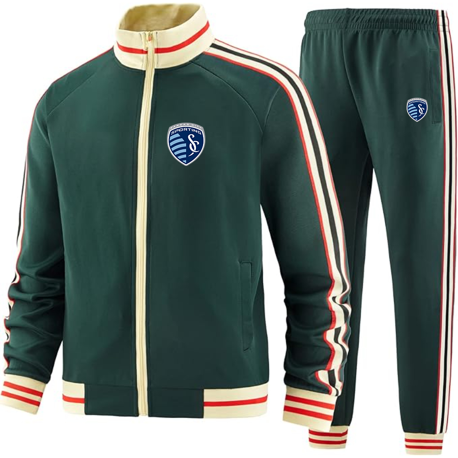 Men's Sporting Kansas City FC - Premium Two-Piece Designer Tracksuit with Bold Striped Accents and Zippered Front - Elevated Athletic Wear