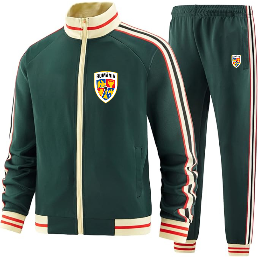 Men's Romania National Soccer Team - Premium Two-Piece Designer Tracksuit with Bold Striped Accents and Zippered Front - Elevated Athletic Wear