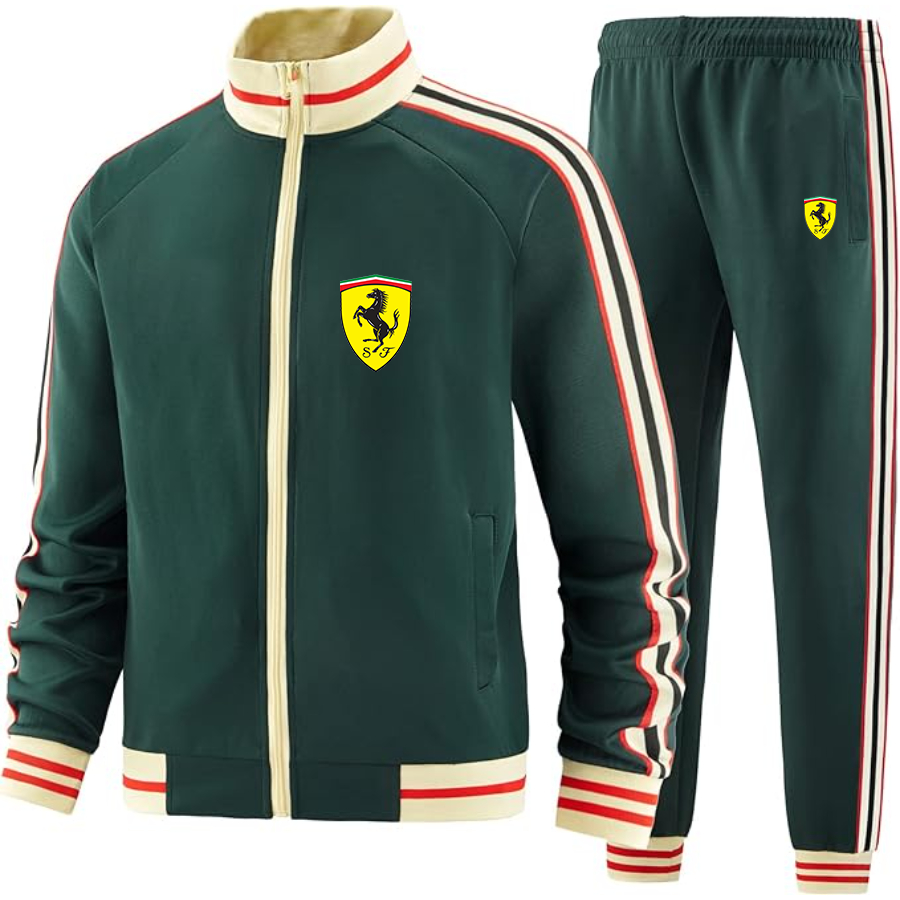 Men's Ferrari Motorsport Car - Premium Two-Piece Designer Tracksuit with Bold Striped Accents and Zippered Front - Elevated Athletic Wear