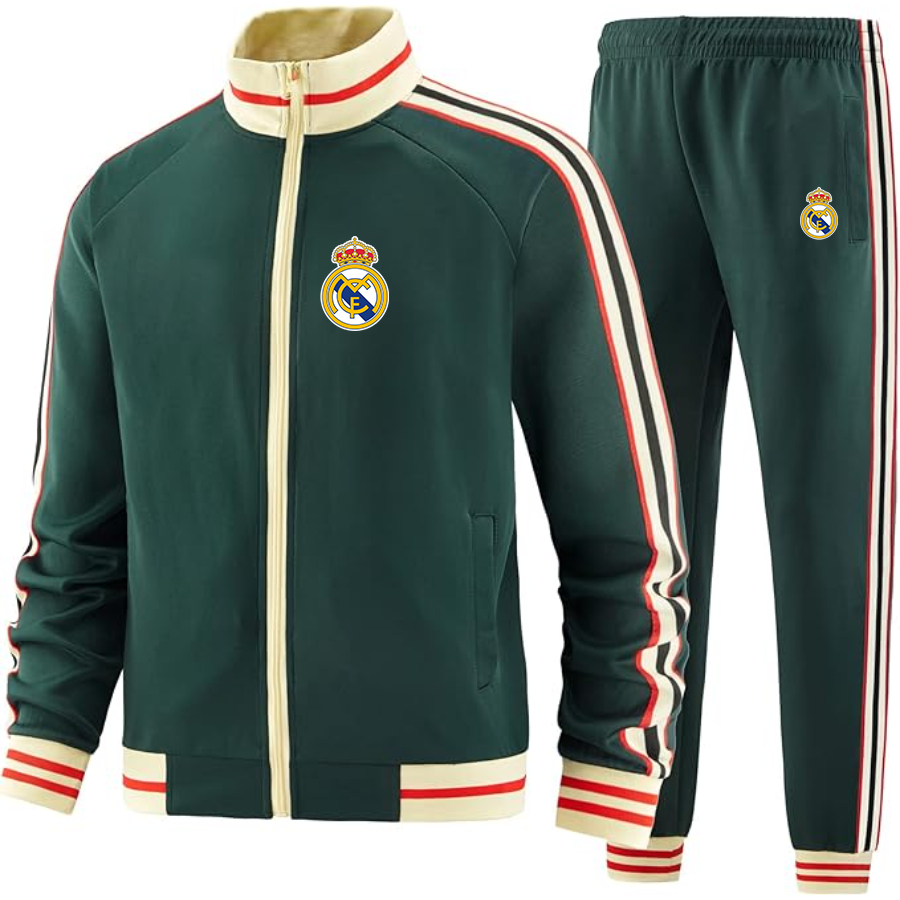 Men's Real Madrid Soccer - Premium Two-Piece Designer Tracksuit with Bold Striped Accents and Zippered Front - Elevated Athletic Wear