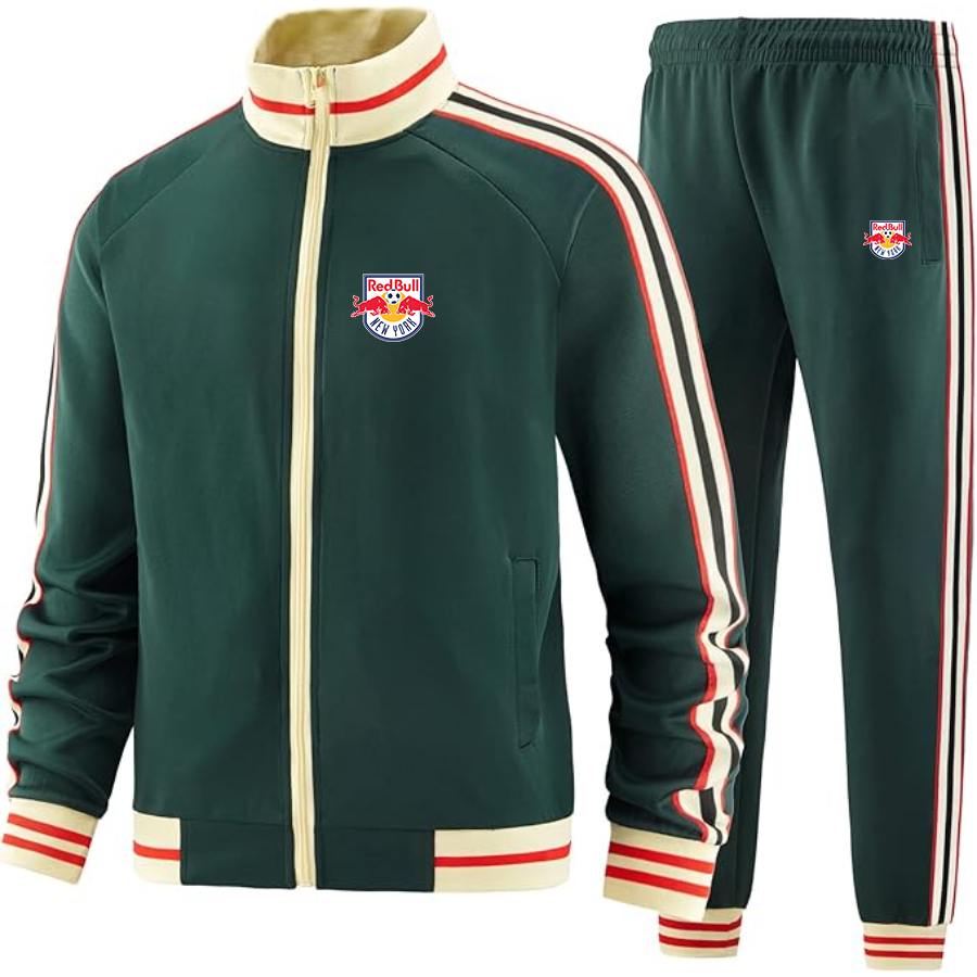 Men's New York Red Bulls FC - Premium Two-Piece Designer Tracksuit with Bold Striped Accents and Zippered Front - Elevated Athletic Wear