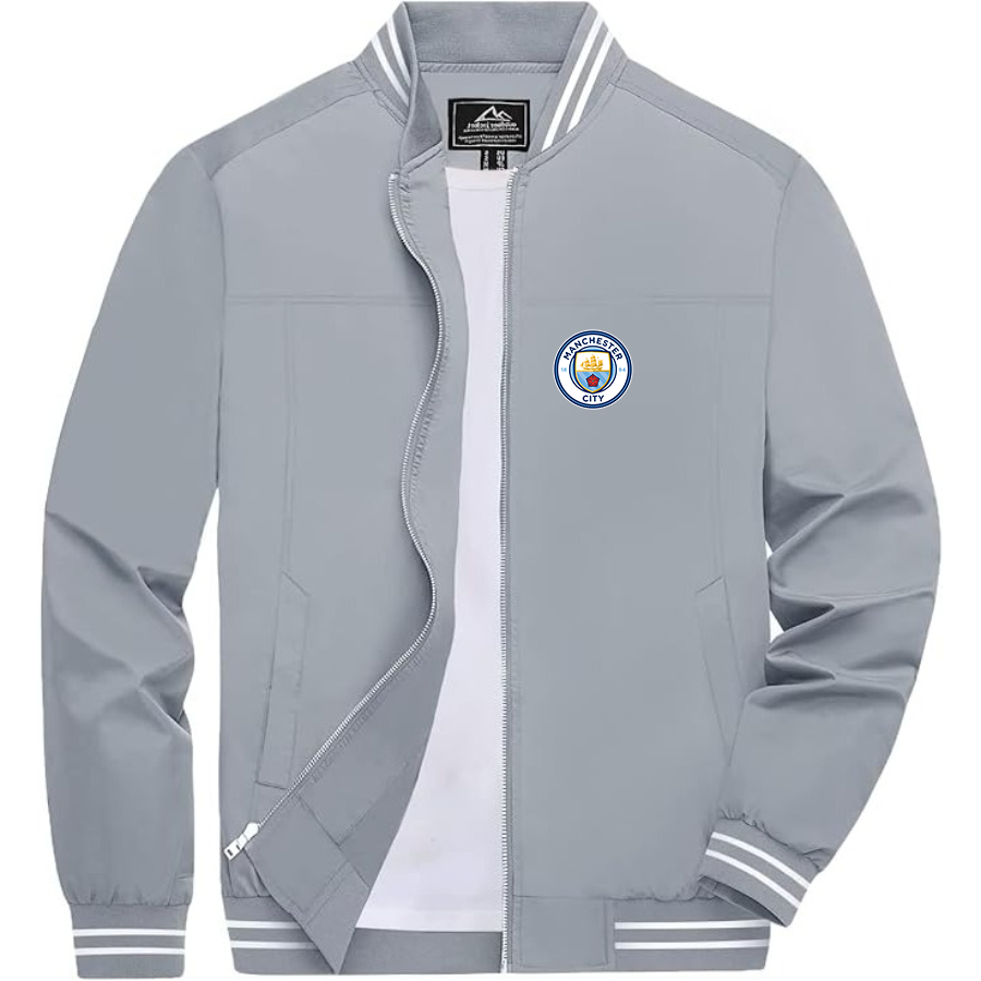 Men’s Manchester City Soccer - Lightweight Zip-Up Bomber Jacket with Ribbed Collar and Cuffs - Versatile Casual Outerwear