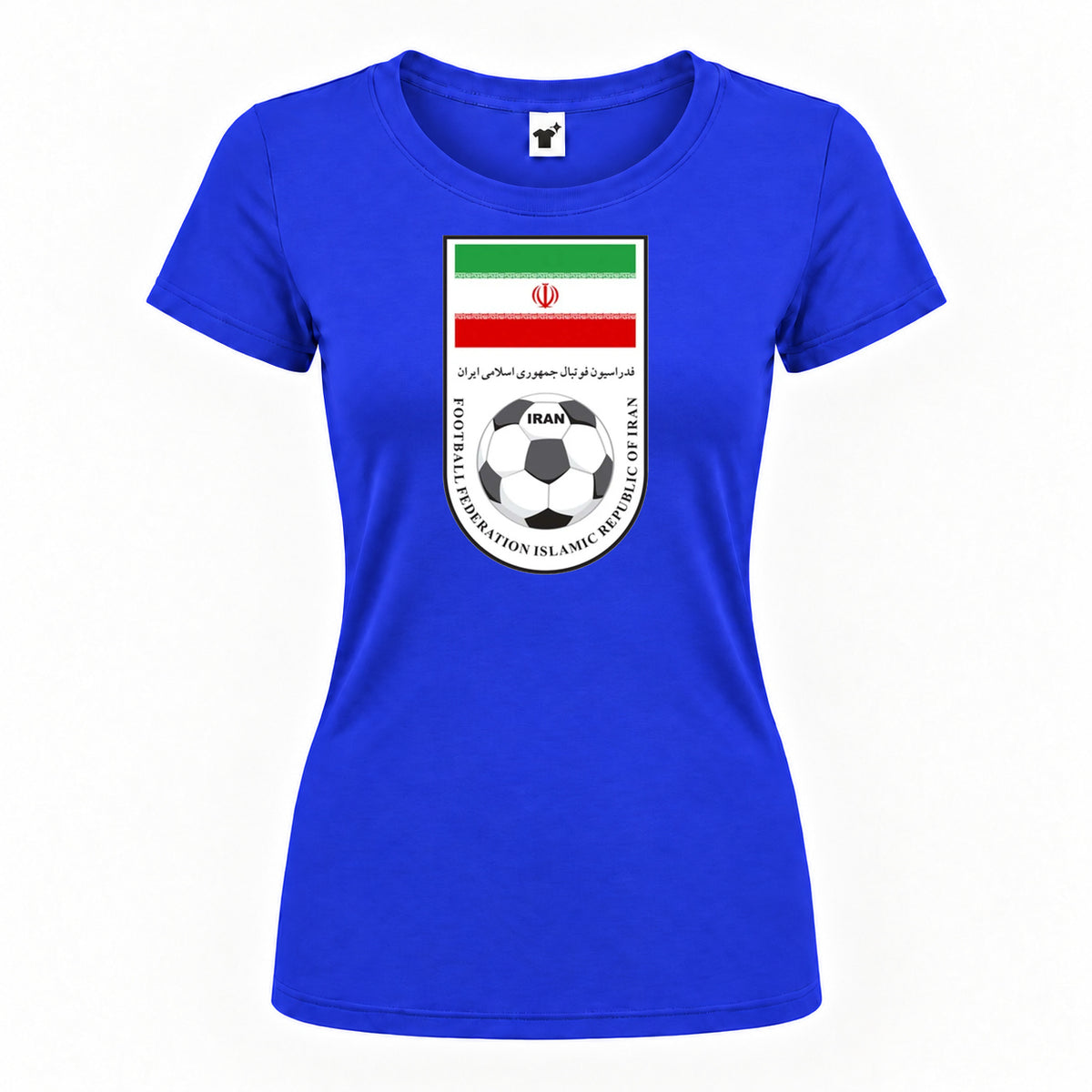Women's Iran National Soccer Team Round Neck T-Shirt — Royal Blue — original logo on current Drive garment