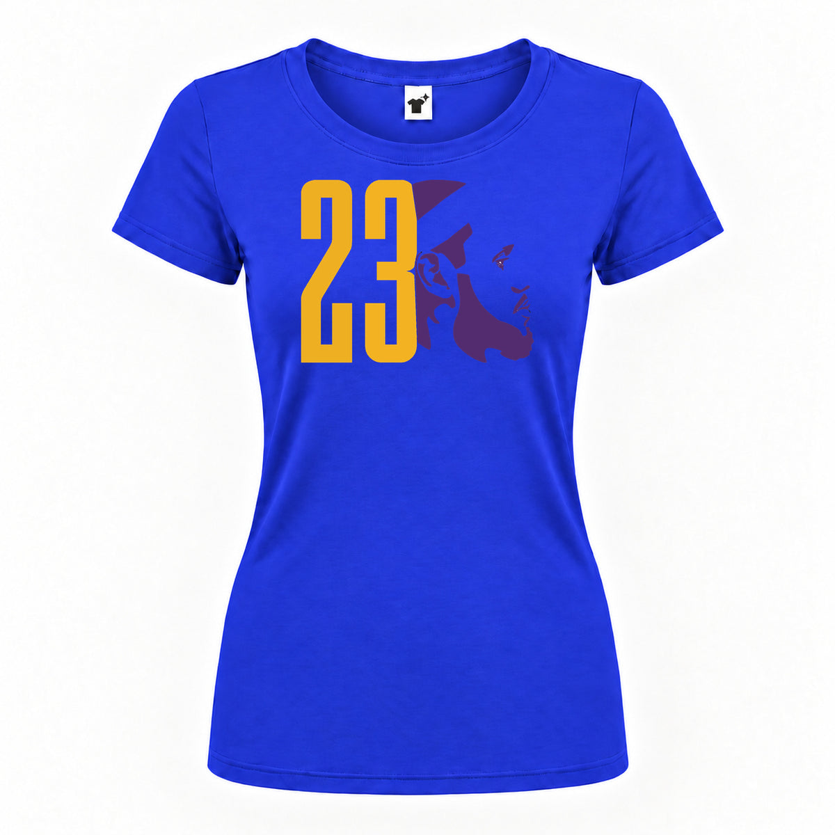 Women's Lebron James 23 Round Neck T-Shirt — Royal Blue — original logo on current Drive garment