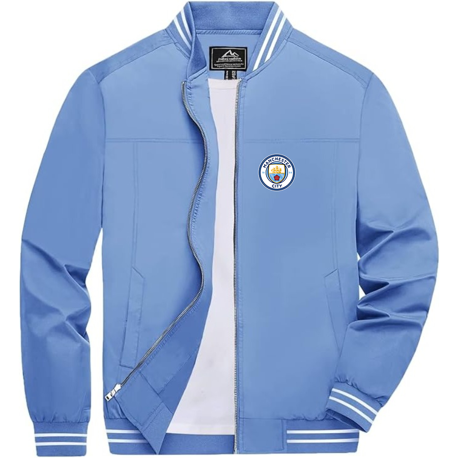 Men’s Manchester City Soccer - Lightweight Zip-Up Bomber Jacket with Ribbed Collar and Cuffs - Versatile Casual Outerwear