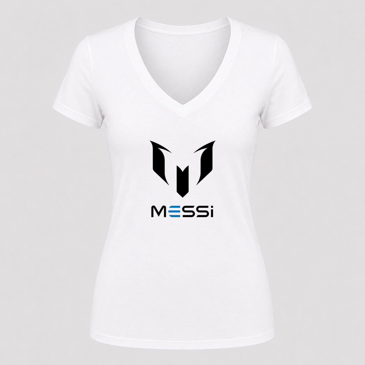Women's Lionel Messi Air Messi Soccer V-Neck T-Shirt | Color: White | Original artwork on Drive garment