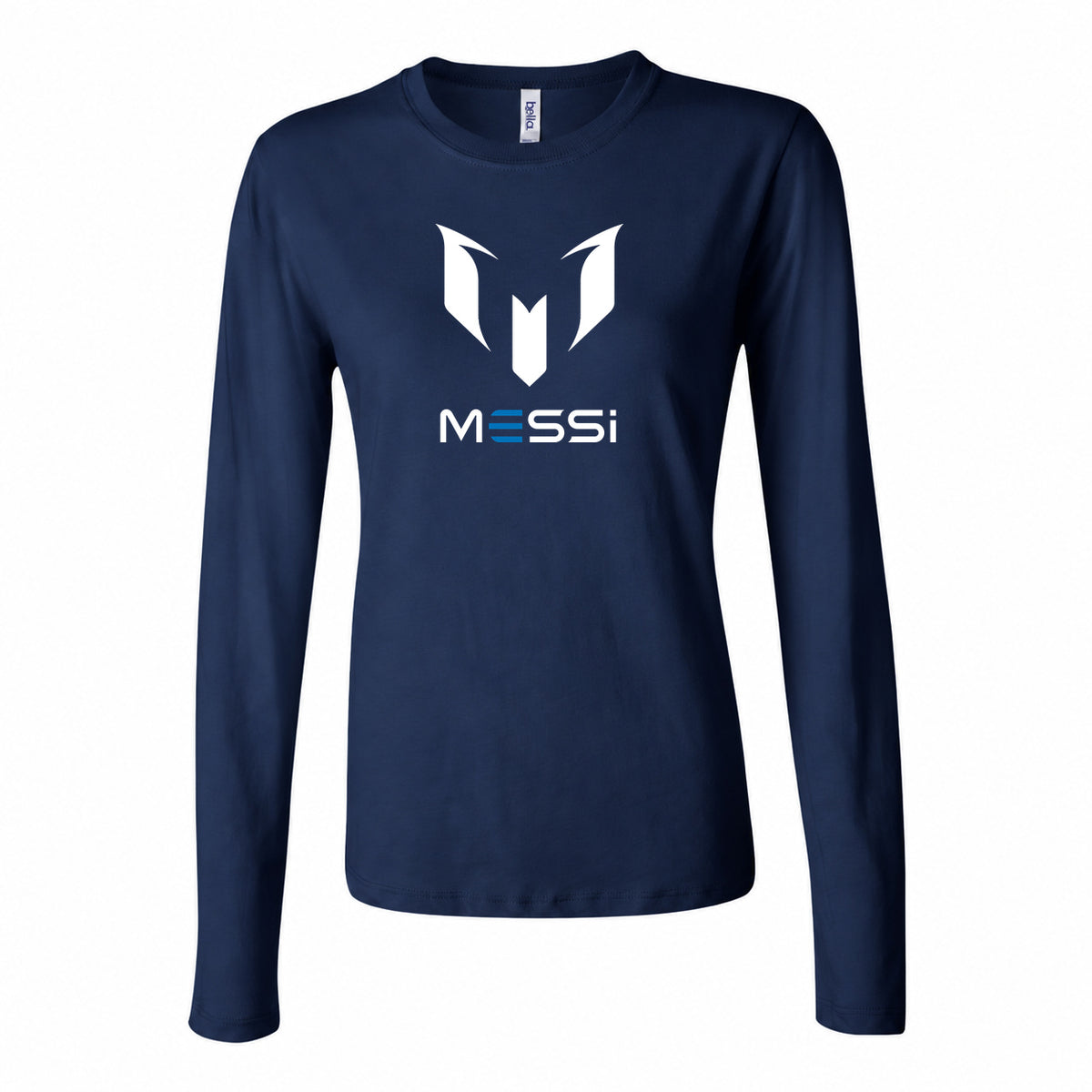 Women's Lionel Messi Air Messi Soccer Long Sleeve T-Shirt | Color: Navy | Original artwork on Drive garment