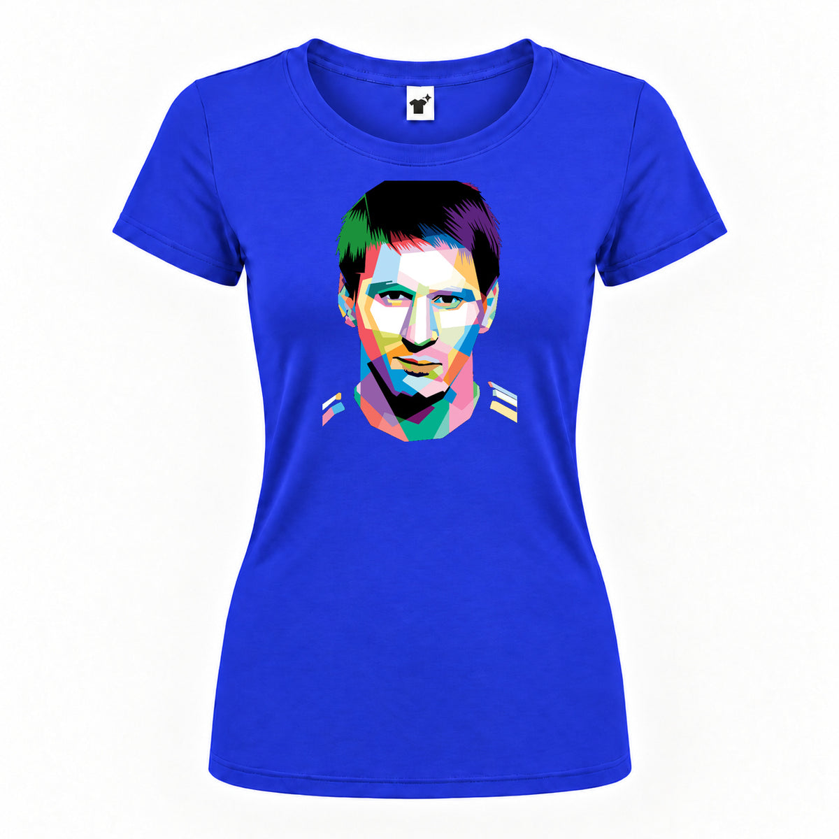Women's Lionel Messi Face Art Soccer Round Neck T-Shirt — Royal Blue — original logo on current Drive garment