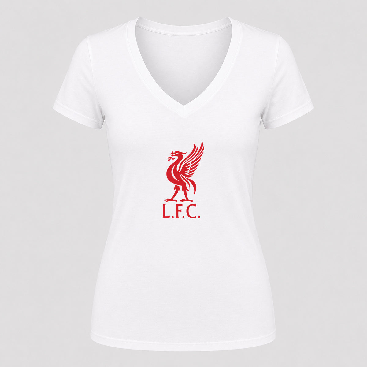 Women's Liverpool L.F.C. Soccer V-Neck T-Shirt | Color: White | Original artwork on Drive garment