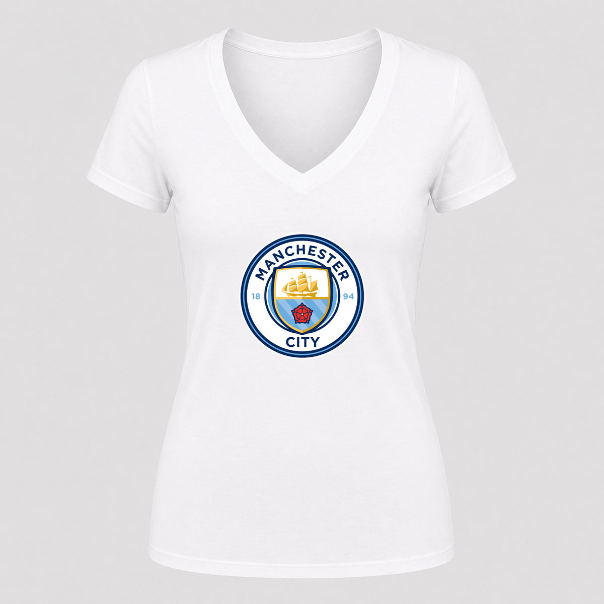 Women's Manchester City Soccer V-Neck T-Shirt | Color: White | Original artwork on Drive garment