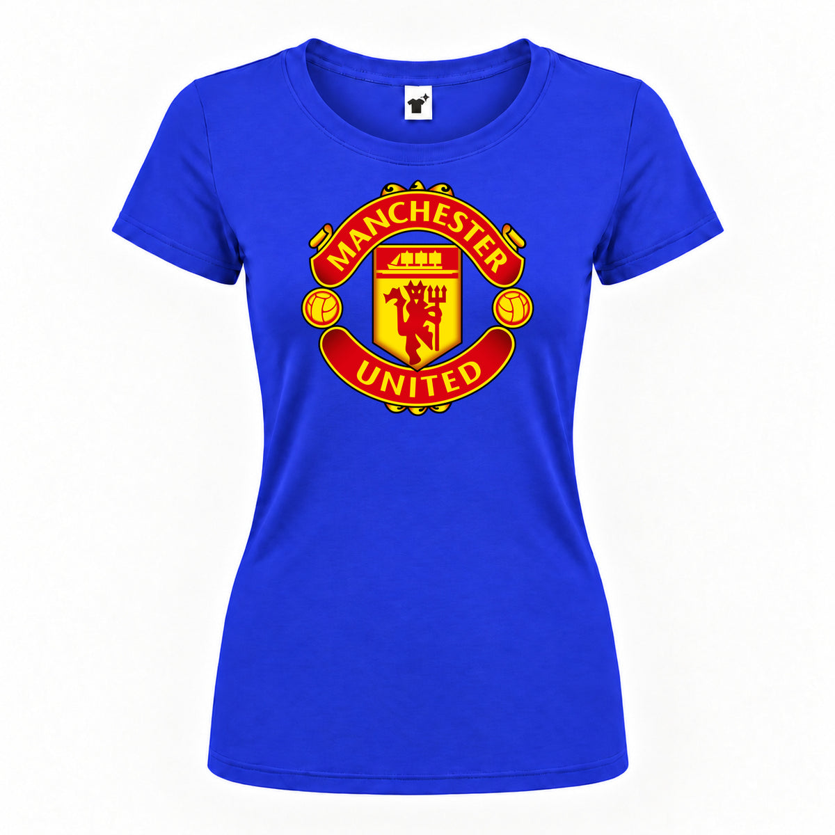 Women's Manchester United Soccer Round Neck T-Shirt — Royal Blue — original logo on current Drive garment