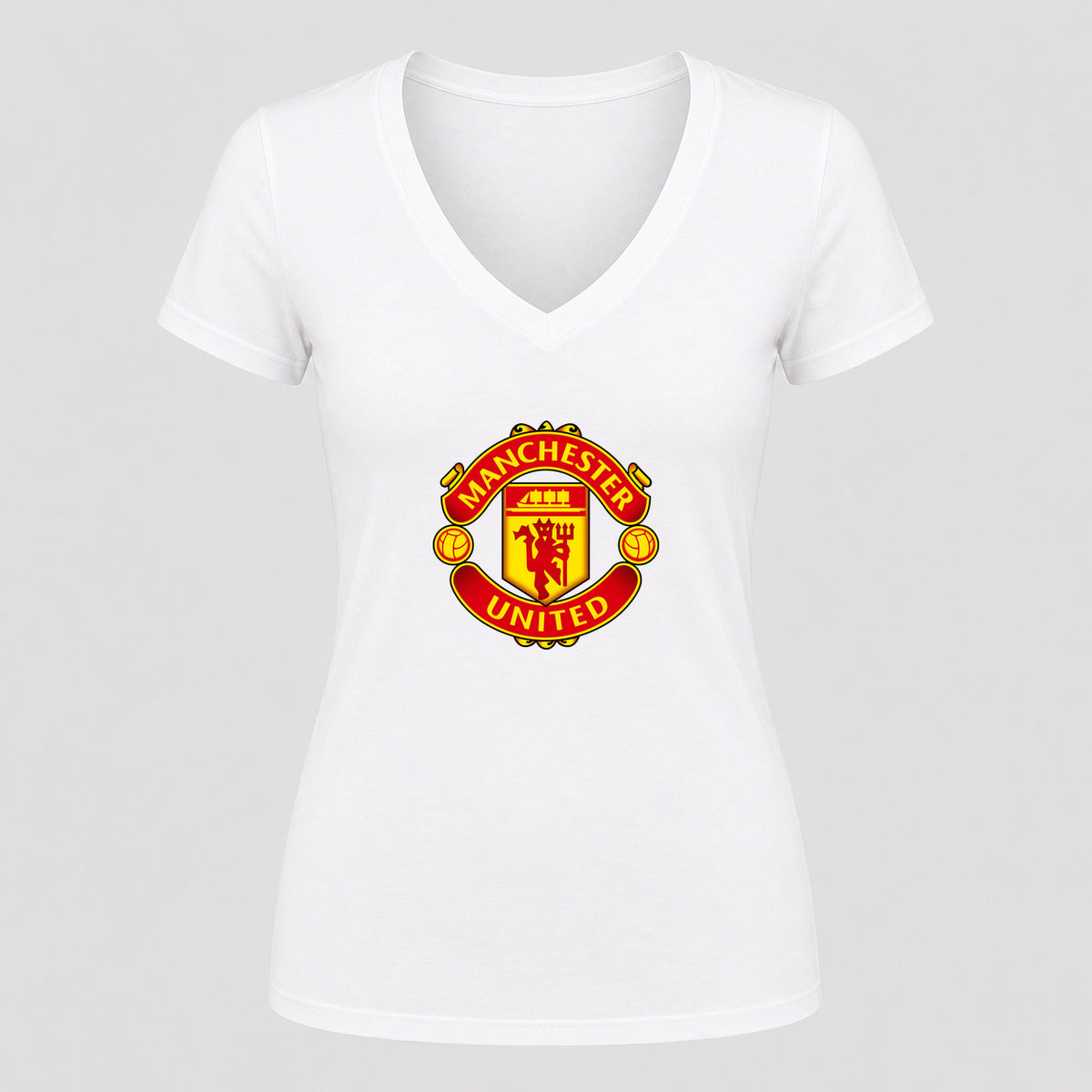 Women's Manchester United Soccer V-Neck T-Shirt | Color: White | Original artwork on Drive garment