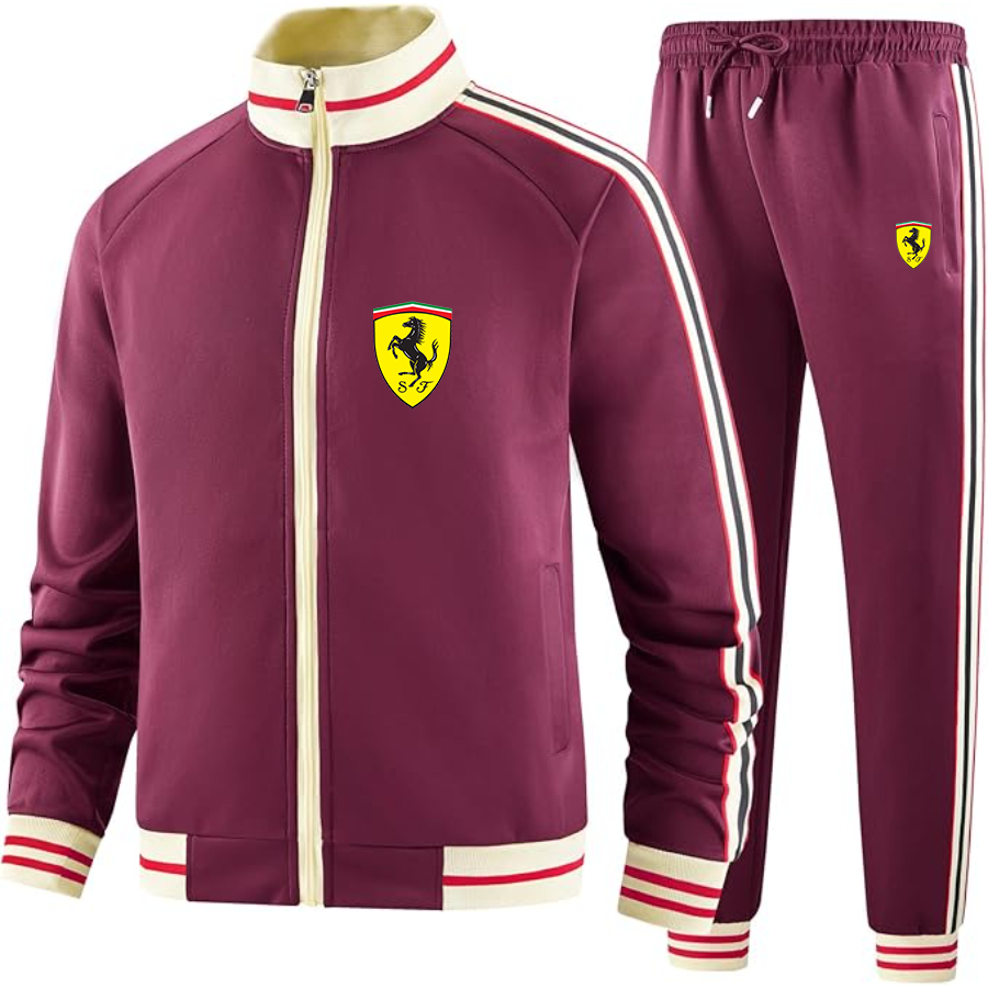 Men's Ferrari Motorsport Car - Premium Two-Piece Designer Tracksuit with Bold Striped Accents and Zippered Front - Elevated Athletic Wear