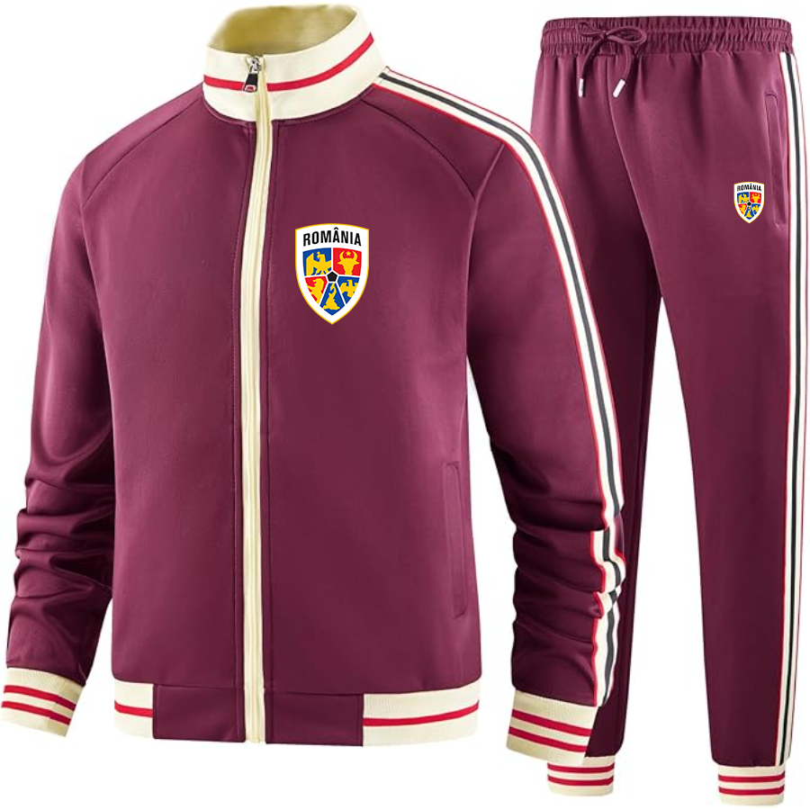 Men's Romania National Soccer Team - Premium Two-Piece Designer Tracksuit with Bold Striped Accents and Zippered Front - Elevated Athletic Wear