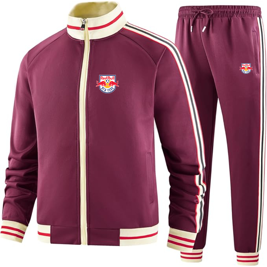 Men's New York Red Bulls FC - Premium Two-Piece Designer Tracksuit with Bold Striped Accents and Zippered Front - Elevated Athletic Wear