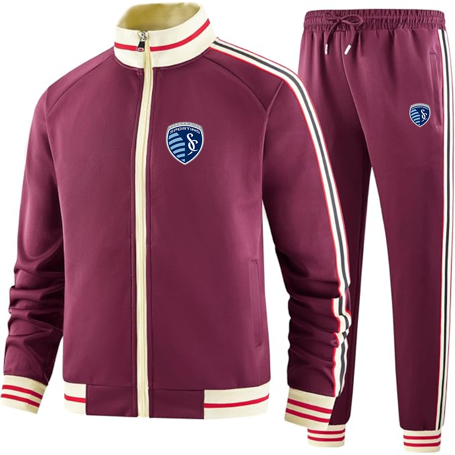 Men's Sporting Kansas City FC - Premium Two-Piece Designer Tracksuit with Bold Striped Accents and Zippered Front - Elevated Athletic Wear