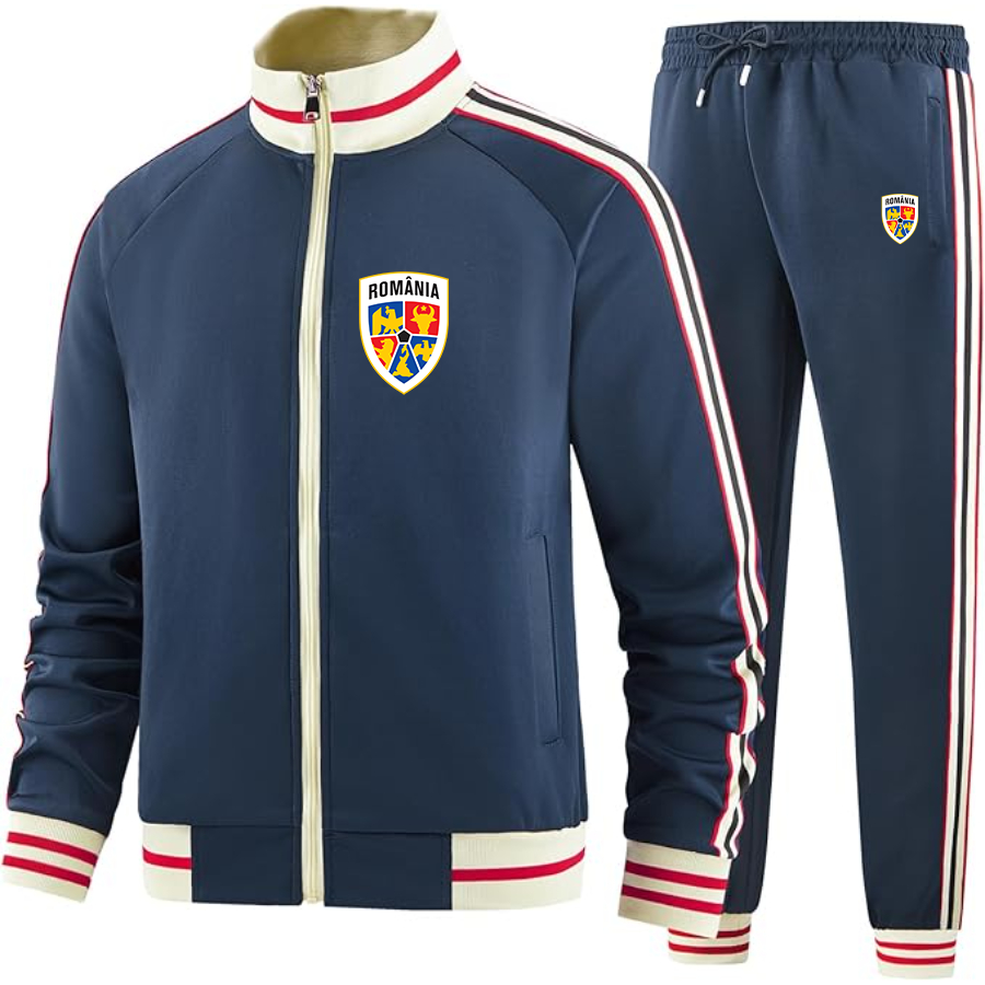 Men's Romania National Soccer Team - Premium Two-Piece Designer Tracksuit with Bold Striped Accents and Zippered Front - Elevated Athletic Wear
