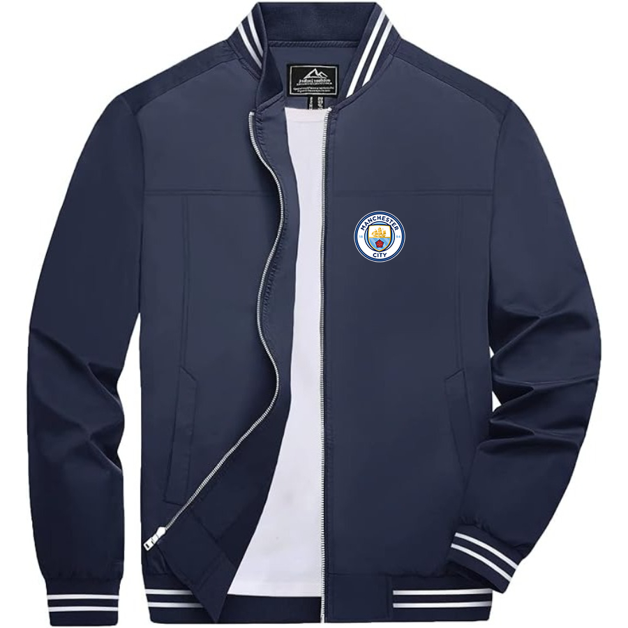 Men’s Manchester City Soccer - Lightweight Zip-Up Bomber Jacket with Ribbed Collar and Cuffs - Versatile Casual Outerwear