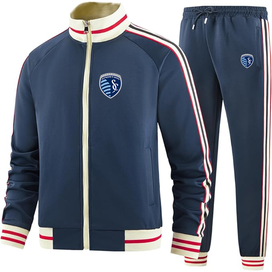 Men's Sporting Kansas City FC - Premium Two-Piece Designer Tracksuit with Bold Striped Accents and Zippered Front - Elevated Athletic Wear
