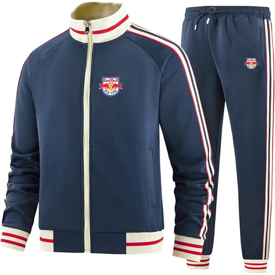 Men's New York Red Bulls FC - Premium Two-Piece Designer Tracksuit with Bold Striped Accents and Zippered Front - Elevated Athletic Wear