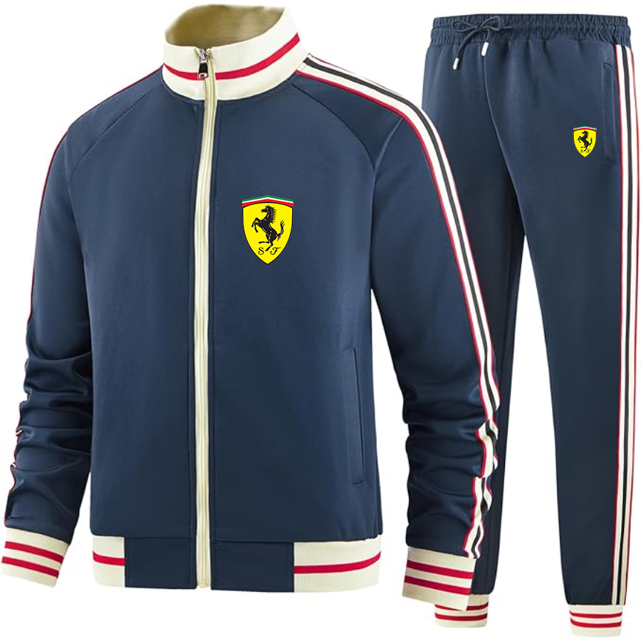 Men's Ferrari Motorsport Car - Premium Two-Piece Designer Tracksuit with Bold Striped Accents and Zippered Front - Elevated Athletic Wear