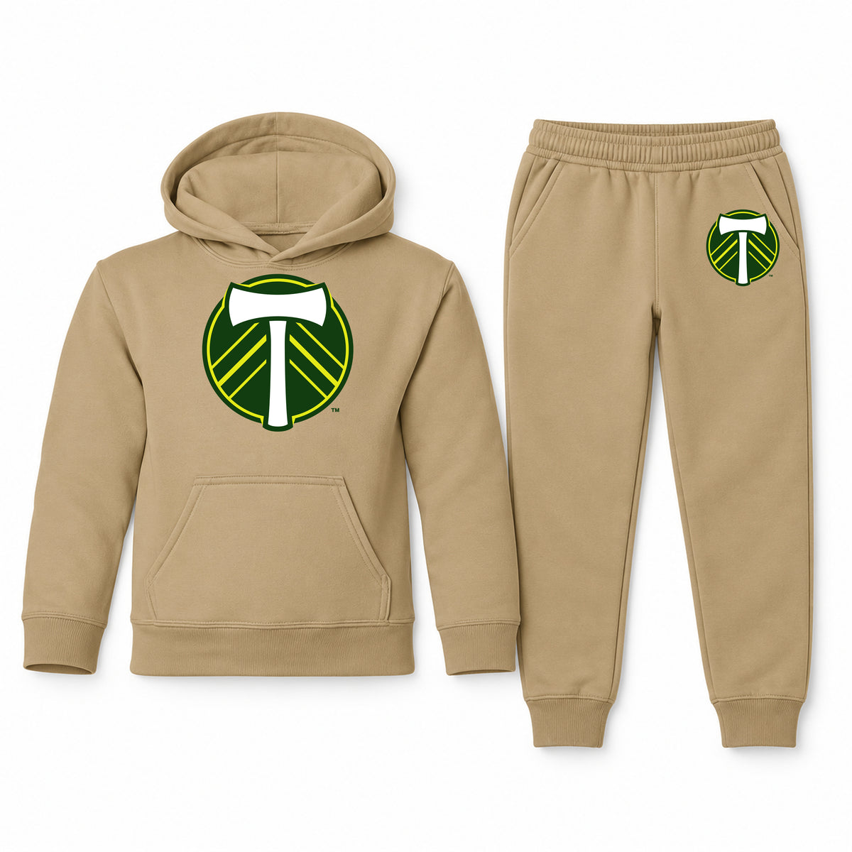 Portland Timbers FC youth hoodie jogger set, Khaki, Youth Large ages 10–12