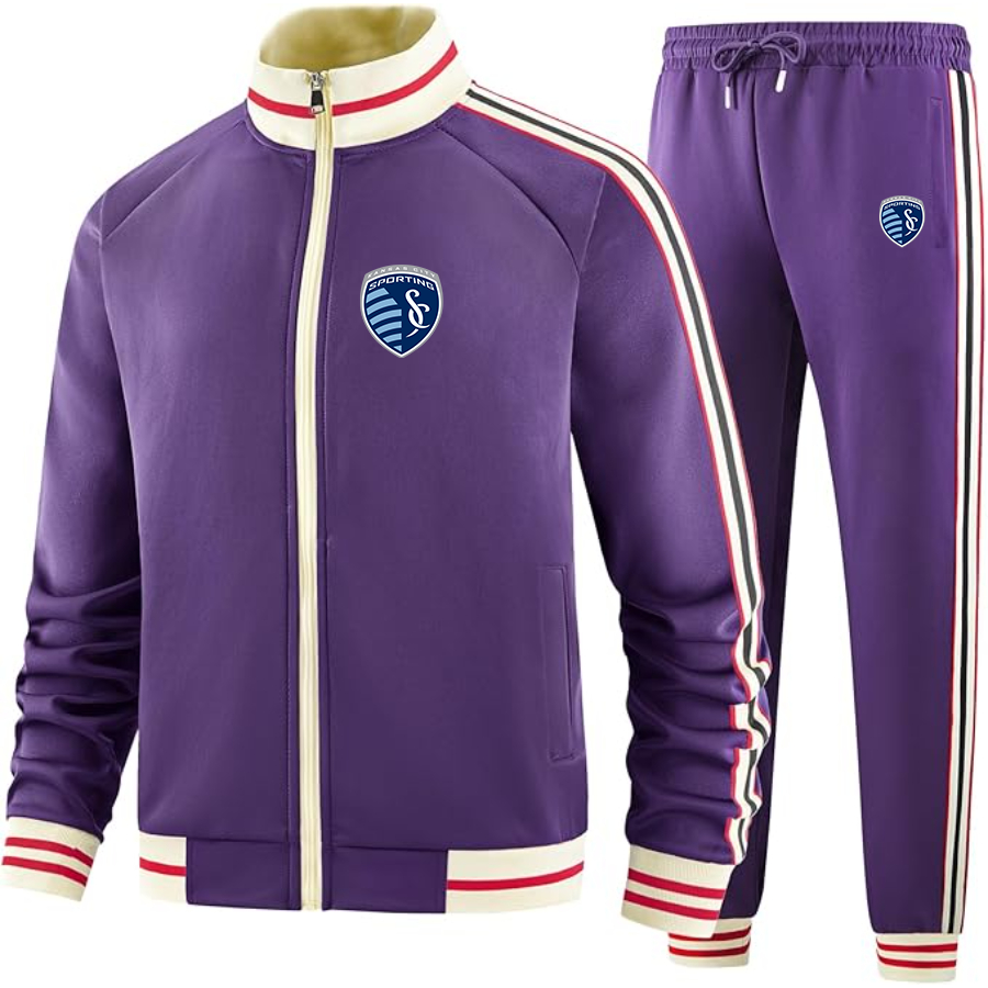 Men's Sporting Kansas City FC - Premium Two-Piece Designer Tracksuit with Bold Striped Accents and Zippered Front - Elevated Athletic Wear