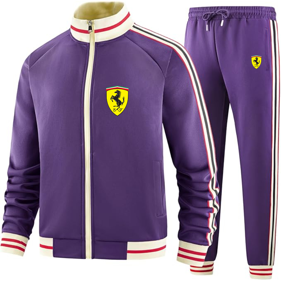 Men's Ferrari Motorsport Car - Premium Two-Piece Designer Tracksuit with Bold Striped Accents and Zippered Front - Elevated Athletic Wear