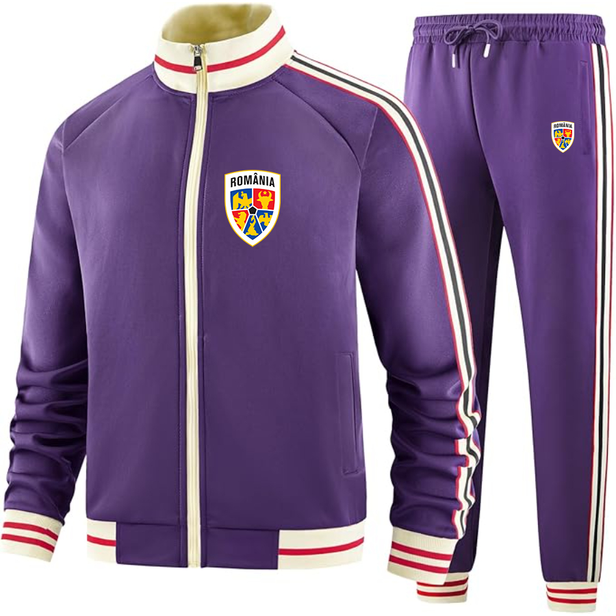 Men's Romania National Soccer Team - Premium Two-Piece Designer Tracksuit with Bold Striped Accents and Zippered Front - Elevated Athletic Wear