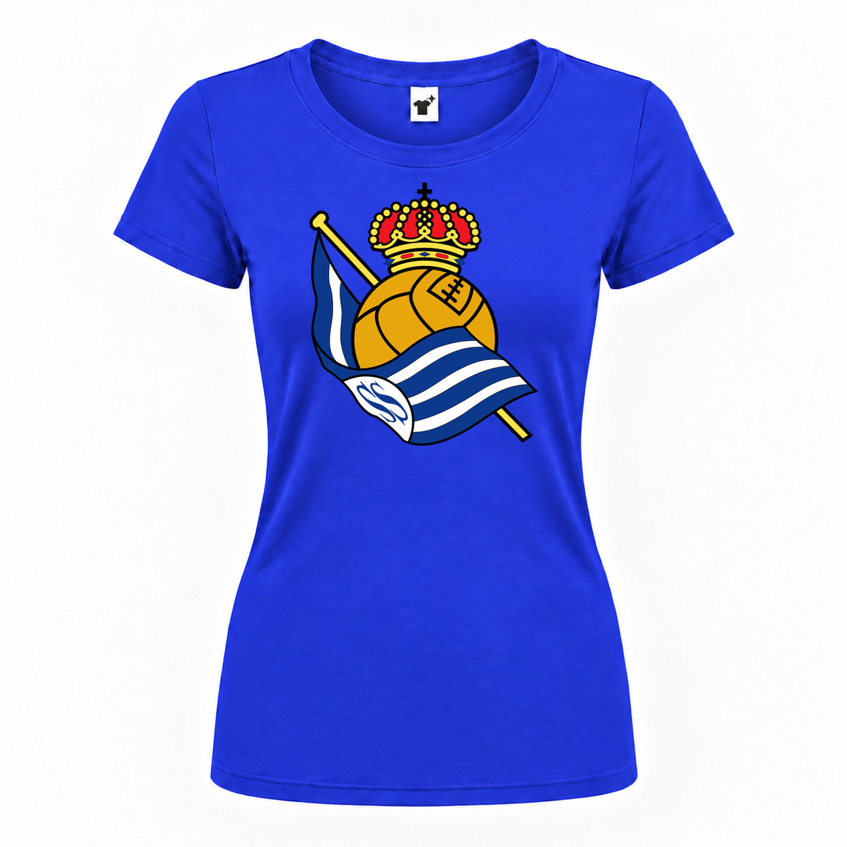 Women's Real Sociedad FC Round Neck T-Shirt — Royal Blue — original logo on current Drive garment