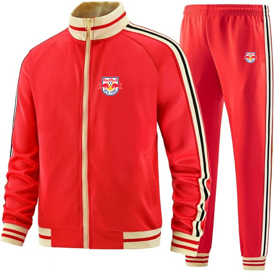 Men's New York Red Bulls FC - Premium Two-Piece Designer Tracksuit with Bold Striped Accents and Zippered Front - Elevated Athletic Wear