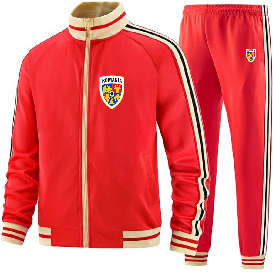 Men's Romania National Soccer Team - Premium Two-Piece Designer Tracksuit with Bold Striped Accents and Zippered Front - Elevated Athletic Wear