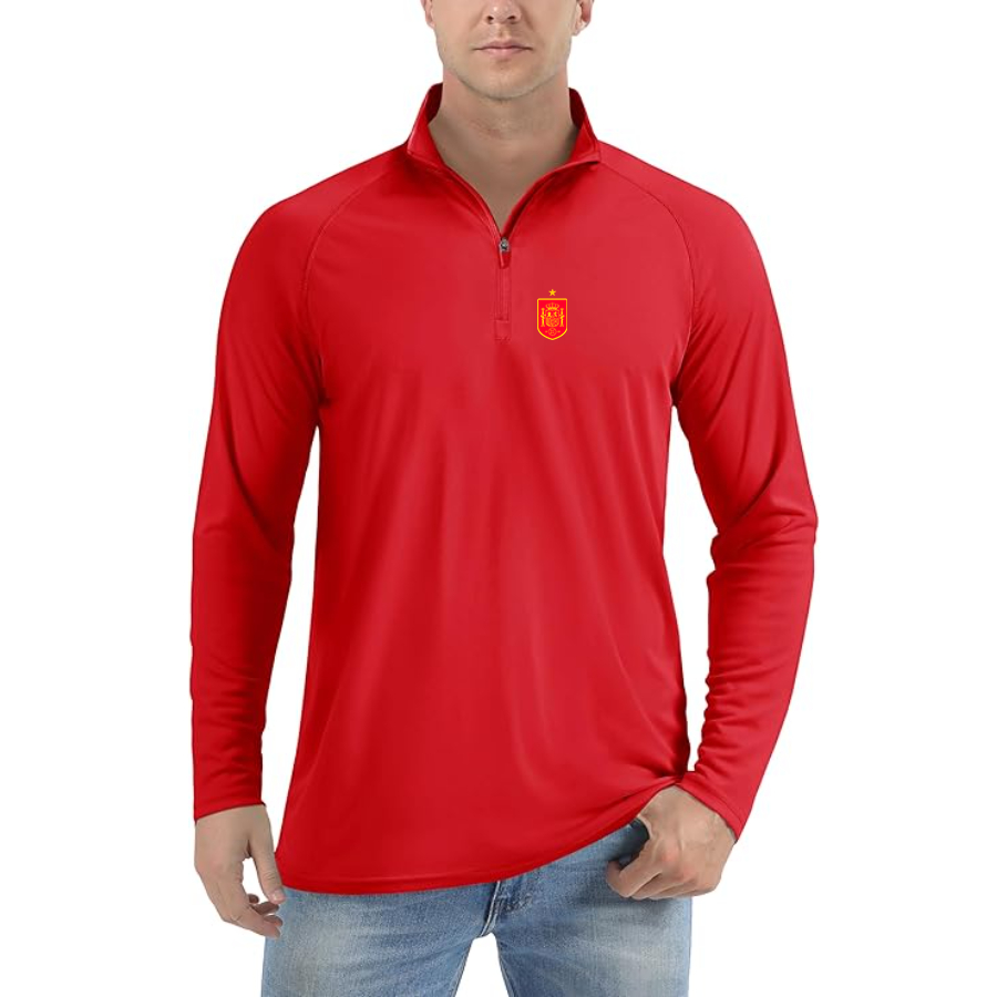 Men’s Spain Red Logo National Soccer Team - Lightweight Quarter-Zip Athletic Shirt – Long Sleeve Performance Wear