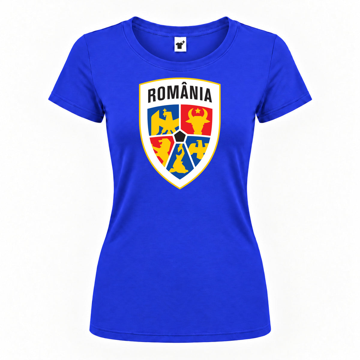 Women's Romania National Soccer Team Round Neck T-Shirt — Royal Blue — original logo on current Drive garment