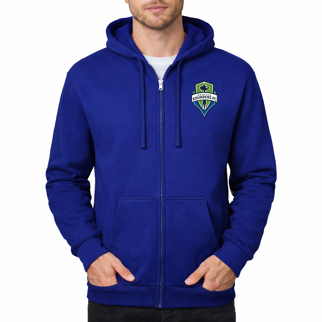 Men's Seattle Sounders FC Zipper Hoodie | Color: Royal Blue | Original artwork on Drive garment