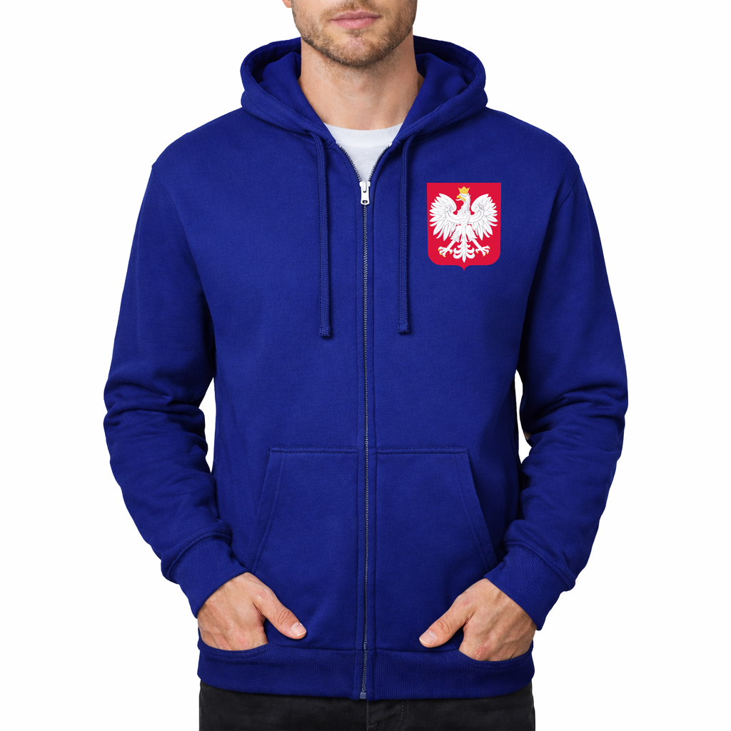 Men's Poland National Soccer Team Zipper Hoodie | Color: Royal Blue | Original artwork on Drive garment