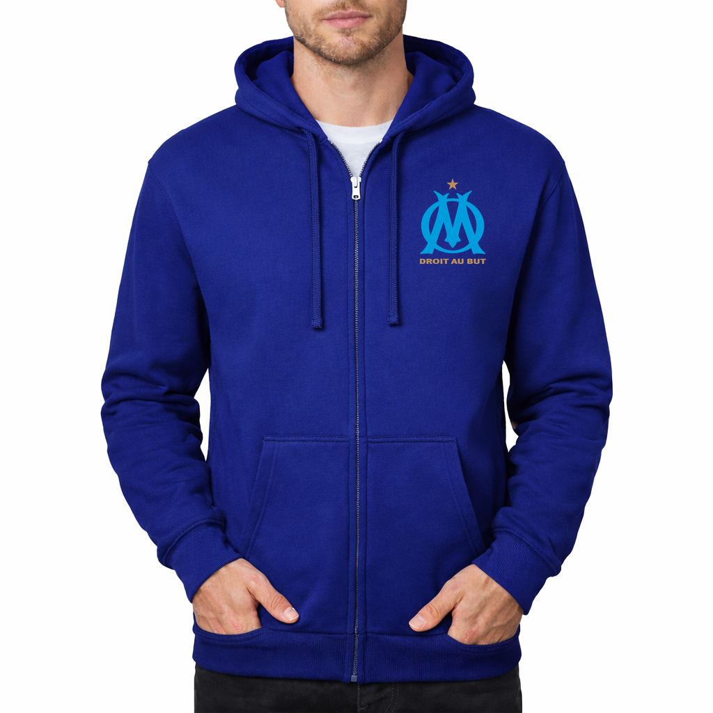 Men's Olympique de Marseille FC Zipper Hoodie | Color: Royal Blue | Original artwork on Drive garment