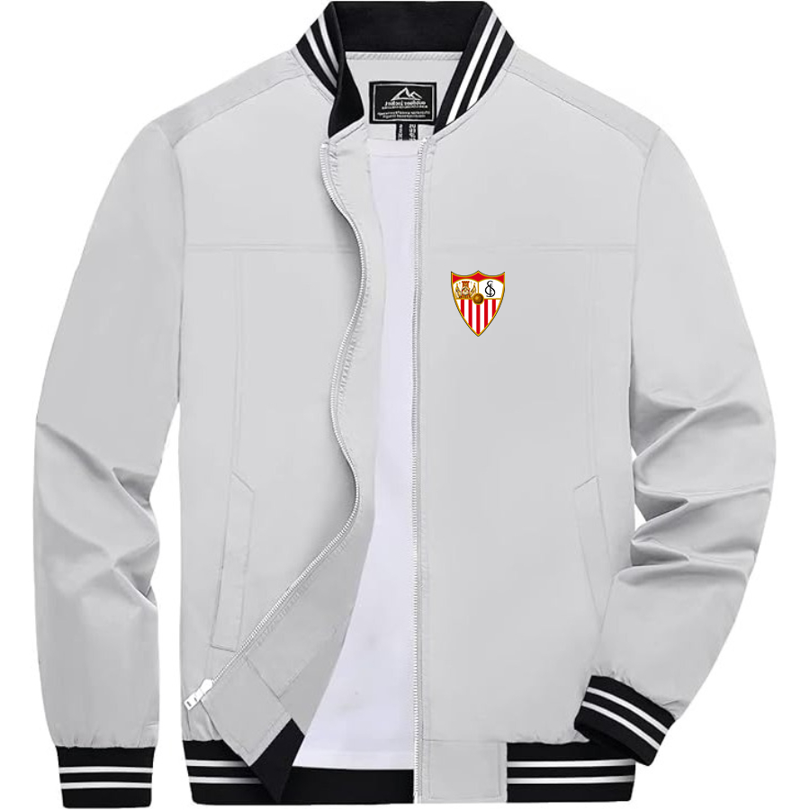 Men’s Sevilla FC Lightweight Zip-Up Bomber Jacket with Ribbed Collar and Cuffs - Versatile Casual Outerwear