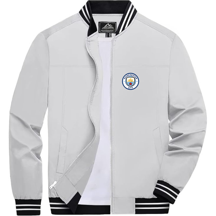 Men’s Manchester City Soccer - Lightweight Zip-Up Bomber Jacket with Ribbed Collar and Cuffs - Versatile Casual Outerwear