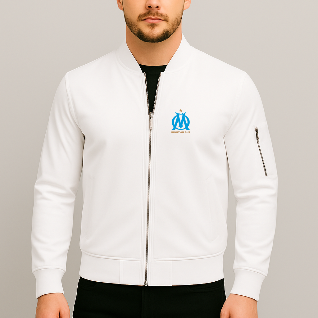 Men's Olympique de Marseille FC Lightweight Bomber Jacket Windbreaker Softshell Varsity Jacket Coat