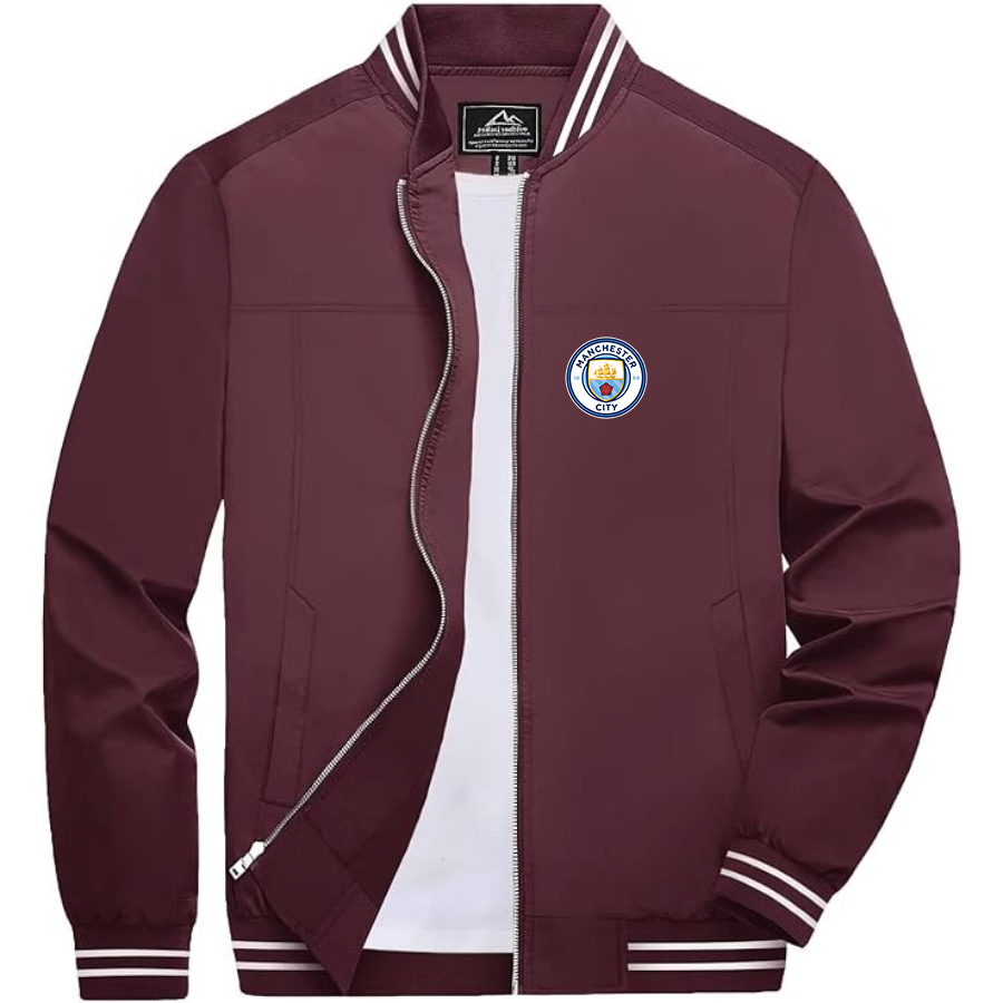 Men’s Manchester City Soccer - Lightweight Zip-Up Bomber Jacket with Ribbed Collar and Cuffs - Versatile Casual Outerwear