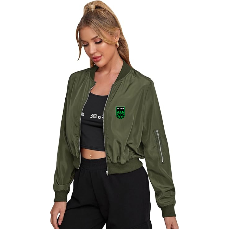 Women's Austin FC - Lightweight Bomber Biker Jacket Zip up Windbreaker Crop Bomber Jacket Coat