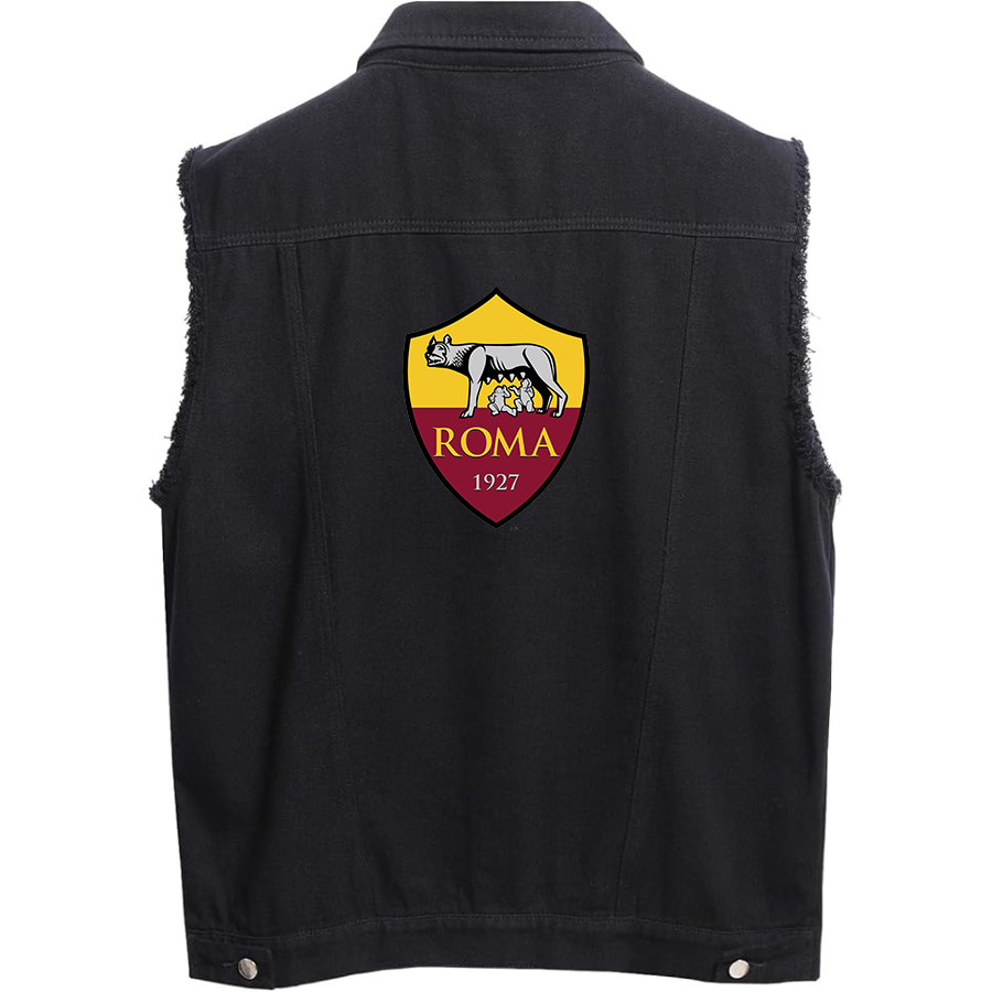 Men’s AS Roma FC  - Sleeveless Distressed Denim Vest – Rugged Black Jean Jacket