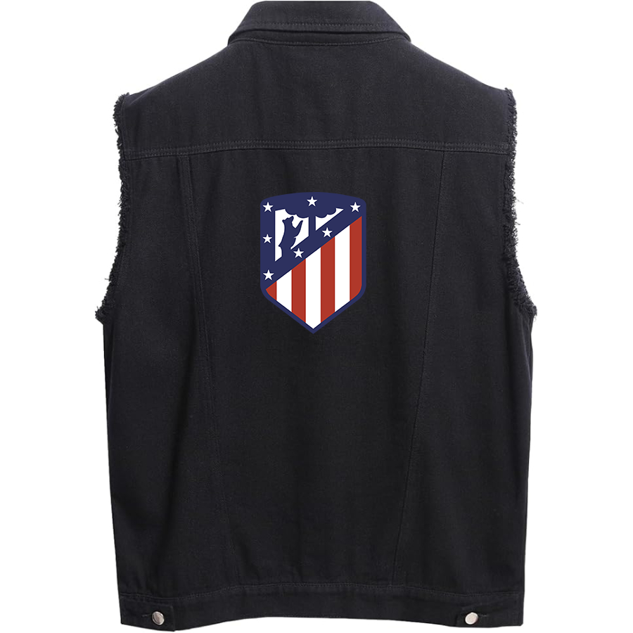 Men's Atletico Madrid FC - Sleeveless Distressed Denim Vest – Rugged Black Jean Jacket