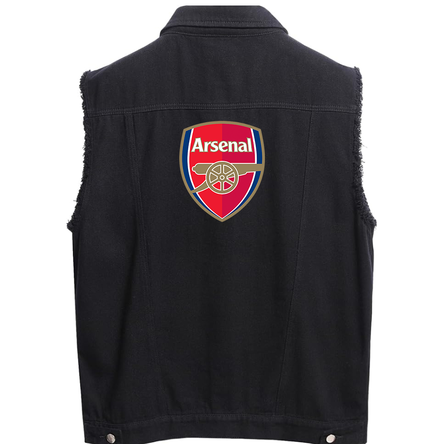 Men's Arsenal Soccer  - Sleeveless Distressed Denim Vest – Rugged Black Jean Jacket