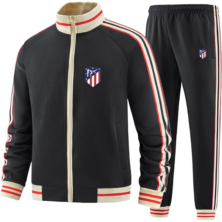 Men's Atletico Madrid FC- Premium Two-Piece Designer Tracksuit with Bold Striped Accents and Zippered Front - Elevated Athletic Wear