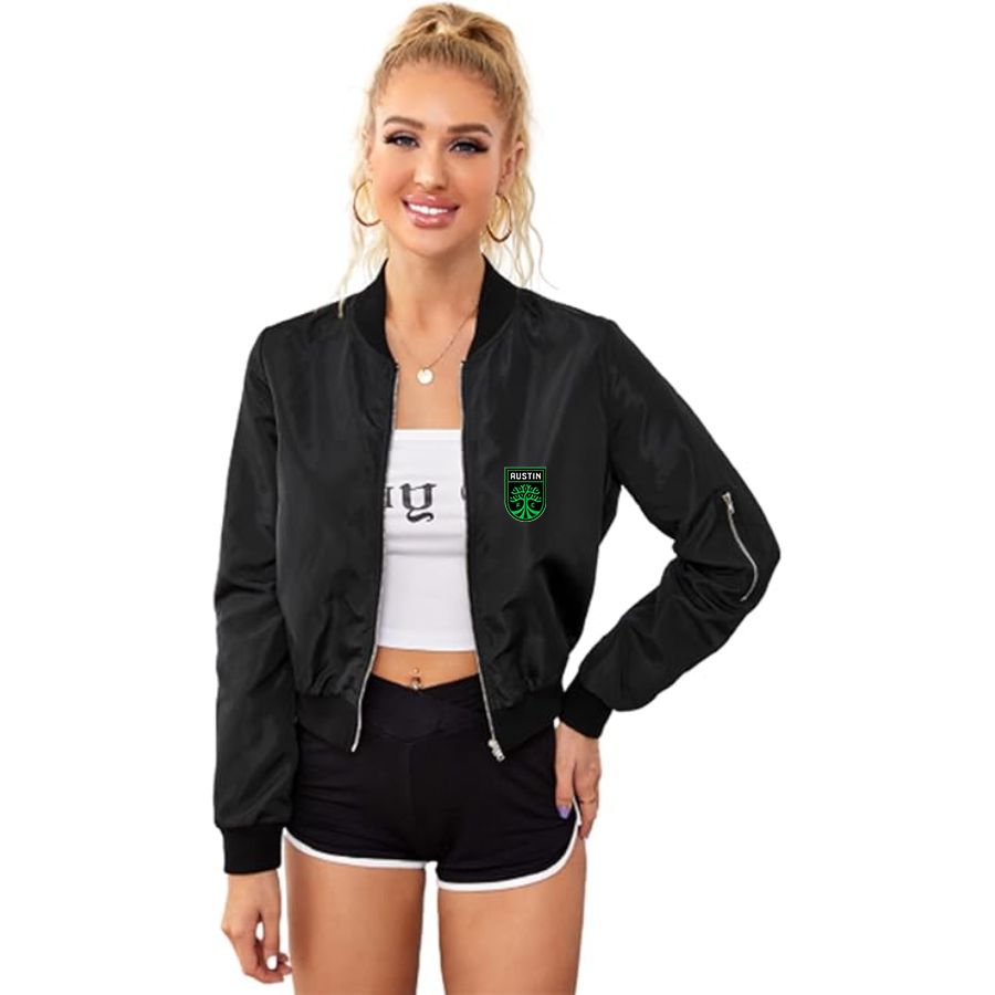 Women's Austin FC - Lightweight Bomber Biker Jacket Zip up Windbreaker Crop Bomber Jacket Coat