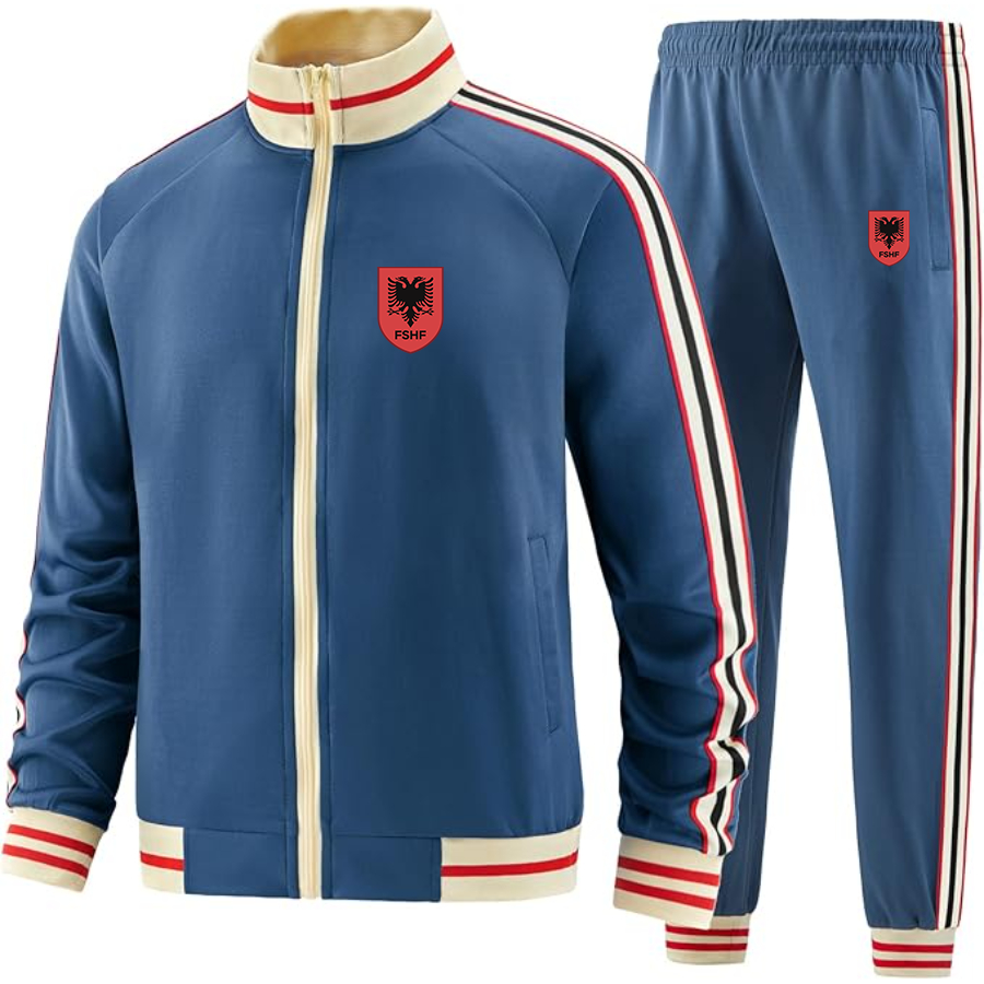 Men's Albania National Soccer Team  - Premium Two-Piece Designer Tracksuit with Bold Striped Accents and Zippered Front - Elevated Athletic Wear